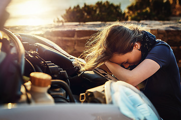 Image showing Breakdown, car and stress, sad woman in need of help from roadside assistance and auto service. Emergency, transport and frustrated lady with engine problem, travel and road trip crisis at sunset.