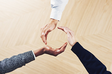 Image showing Teamwork, recycle or hands of business people in circle for motivation, support or sustainability in office. Diversity, recycling hand or above of employees for goals, community or partnership group