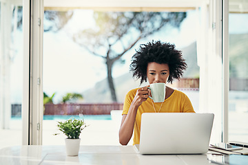 Image showing Laptop, coffee and relax with black woman at home for planning, website and remote worker. Blog, networking and social media with female freelancer reading for email, technology and internet