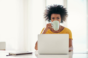 Image showing Laptop, research and coffee with portrait of black woman for planning, website or remote worker. Blog, networking and social media with female freelancer at home for email, technology or mockup space