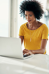 Image showing Laptop, focus and research with black woman in apartment for planning, website and remote worker. Blog, networking and social media with female freelancer at home for email, technology and internet