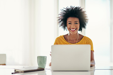 Image showing Laptop, smile and online with portrait of black woman for planning, website and remote worker. Blog, networking and social media with female freelancer at home for email, technology and internet