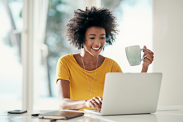 Image showing Laptop, research and coffee with black woman in apartment for planning, website and remote worker. Blog, networking and social media with female freelancer at home for email, technology and internet