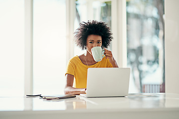 Image showing Laptop, idea and coffee with portrait of black woman for planning, website and remote work. Blog, networking and social media with female freelancer at home for email, technology and internet