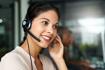 Image showing Call center, woman and consultant with contact us, crm and customer service job with smile. Phone help, sale and web advice employee with happiness from telemarketing and work in office mockup
