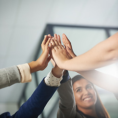 Image showing High five, success or hands of happy business people meeting in celebration of b2b group project. Teamwork, smile or excited employees celebrate winning a bonus, deal or sales target goals together