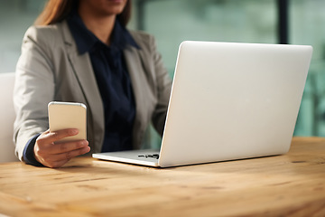 Image showing Phone, laptop or hands of woman in office on social media networking, chatting or texting message. Business news, scroll or editor typing, copywriting or checking emails online on digital mobile app