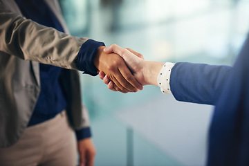 Image showing Hiring, closeup or business people shaking hands in b2b meeting for project or contract agreement. Teamwork, handshake zoom or worker with job promotion, deal negotiation or partnership opportunity