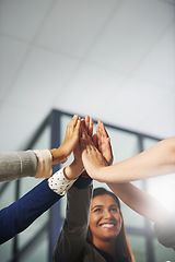 Image showing High five, success or hands of excited business people meeting in celebration of b2b group project. Teamwork, smile or happy employees celebrate winning a bonus, deal or sales target goals together