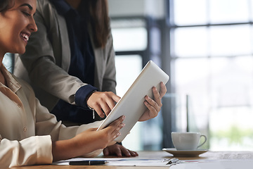 Image showing Tablet, teamwork or people with research planning or speaking of a digital strategy in startup company. Collaboration, smile or happy employees reading newsletter article for online business growth