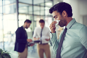 Image showing Business, allergies and man with a tissue, sick and healthcare risk with illness, disease and stress. Male person, office and employee cleaning his nose, medical issue and virus with burnout and flu