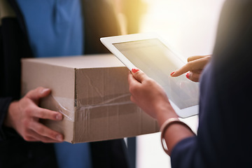 Image showing Tablet, delivery man hands with package and woman at home with signature for ecommerce. Online shopping or logistics courier, male person with shipping product and customer making payment for box