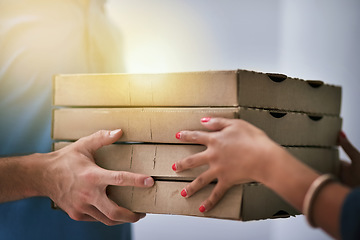 Image showing Ecommerce, delivery man with pizza box and woman hands for collection at her home. Online shopping exchange or courier logistics, shipping box and male person dropping food for female customer