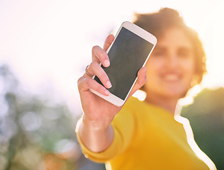 Image showing Screen, woman with smartphone and sunshine outdoors with lens flare. Technology, social media or connectivity with cellphone and female person holding a mobile or digital device for communication