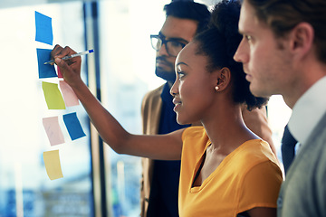 Image showing African woman, sticky notes writing and team business meeting with moodboard and planning with collaboration. Company, teamwork and diversity with startup working and strategy with notes and schedule