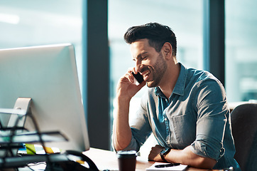 Image showing Happy business man, phone call and computer in office for conversation, communication and planning contact. Employee talking on cellphone at desktop pc for mobile networking, consulting and feedback