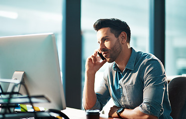 Image showing Serious man, phone call and computer in office for conversation, communication and planning contact. Employee talking on cellphone at desktop for mobile networking, consulting and business feedback