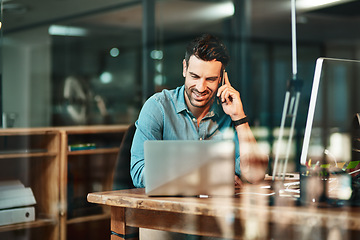 Image showing Happy business man, phone call and laptop in office for conversation, communication and contact for planning. Male worker talking on cellphone at computer for mobile networking, consulting and hello