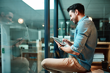 Image showing Business man, tablet and smile in office for planning, data update and internet research at window. Happy male employee, digital technology and online information for startup, insight and iot app