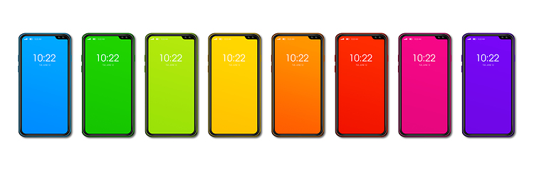 Image showing Rainbow colorful smartphone set banner. Isolated on white. 3D re