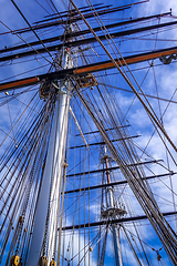 Image showing Old ship mast and sail ropes closeup