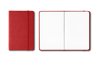 Image showing Dark red closed and open notebooks isolated on white