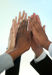 Image showing Group, high five and lawyer team in celebration for victory on a court case or legal goal together in support and pride. Teamwork, achievement and hands in collaboration by corporate people winning