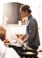 Image showing Cooking, food and woman with a pan in the kitchen for lunch, dinner or supper in a modern house. Diet, wellness and female chef preparing a healthy meal recipe in a pot on a stove at her home.