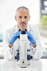 Image showing Senior man, microscope and portrait of scientist in forensic science, breakthrough or discovery at laboratory. Serious male person, medical or healthcare professional in scientific research at a lab