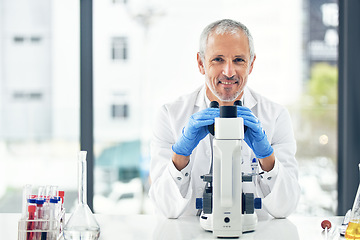 Image showing Happy man, microscope and portrait of scientist in forensic science, breakthrough or discovery at laboratory. Male person, medical or healthcare professional with smile in scientific research at lab