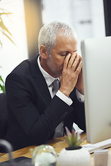 Image showing Business, fail and senior man with headache while working on computer in office, annoyed and anxiety. Burnout, migraine and elderly male manager frustrated with online glitch, 404 or bad review