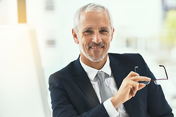 Image showing Senior man, portrait and smile in office confident, happy and empowered on white background. Face, confidence and elderly male CEO cheerful with glasses, proud and satisfied with his corporate career