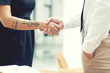 Image showing Thank you, welcome and business people handshake for interview, success and deal in office. Teamwork, meeting and shaking hands by b2b person team in support of onboarding, recruitment or negotiation