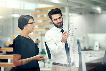 Image showing Creative, collaboration and business people writing on glass for planning, calendar or project management. Teamwork, meeting and person team brainstorming solution, problem solving and sale target