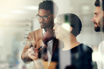 Image showing Glass, leader and woman brainstorming with team or planning strategy for a startup company or small business. Teamwork, our vision and group of employees in a meeting for a idea of innovation