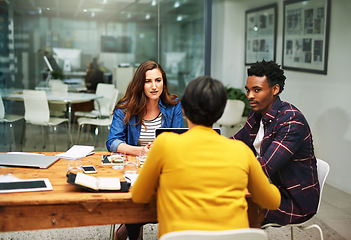 Image showing Business people, meeting and collaboration in planning for idea, strategy or brainstorming at office. Group of creative workers in teamwork for project plan, discussion or working together in startup