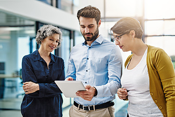 Image showing Business people, tablet and meeting in team collaboration for planning, idea or strategy at office. Group of employee workers on technology in teamwork for research, project plan or networking