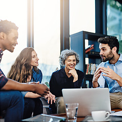 Image showing Laptop, diversity and designer team planning a strategy for startup company growth in collaboration together. Internet, Business meeting and group of employees brainstorming as a workforce due to web