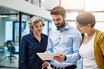 Image showing Business people, digital tablet and meeting in office for research, idea or creative inspiration. Schedule, planning and person team in collaboration for online project, development or analysis