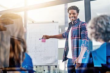 Image showing Business meeting, presentation and happy black man with team in office for growth, development and sale target. Speaker, black man and leader with whiteboard and people for planning, goal or strategy
