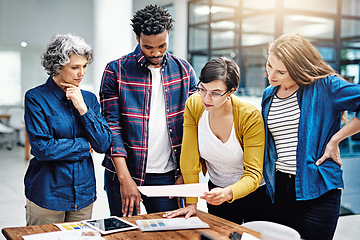 Image showing Data, diversity and design team working on startup company strategy in collaboration or brainstorming together. Office, growth and small business group of employees in a meeting planning