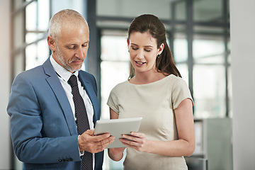 Image showing Business people, tablet and communication on a web management project with tech. Staff, corporate team and mature CEO with woman worker planning a internet UI strategy in a office with a conversation