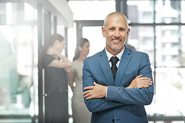 Image showing Businessman, portrait smile and arms crossed in leadership or team management at the office. Happy and confident man person, manager or corporate CEO executive smiling in small business confidence