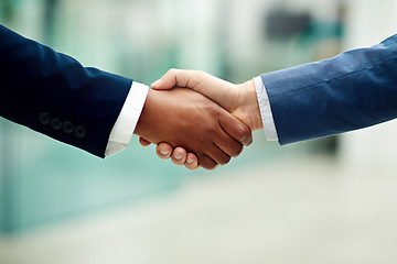 Image showing Closeup, corporate and business people shaking hands in office for partnership, introduction and hiring negotiation. Employees, handshake and support of success, networking and promotion opportunity