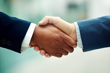 Image showing Business people, closeup and handshake for corporate deal, partnership and team meeting for sales negotiation. Employees shaking hands in support, success and b2b networking for promotion opportunity