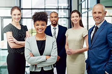 Image showing Portrait, business people and diversity of happy team, professional commitment or pride in corporate office. Group of confident employees, global collaboration and smile of trust, solidarity or unity