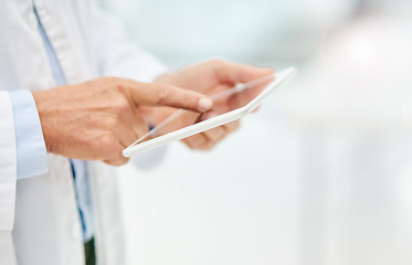 Image showing Man, doctor and hands on tablet for research, medical history or digital prescription at hospital. Hand of person or healthcare professional working on technology for telehealth data on mockup space