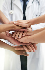 Image showing Teamwork, motivation and support with hands of doctors for medical, collaboration and solidarity. Medicine, healthcare and expert with closeup of people in meeting for target, goals and mindset
