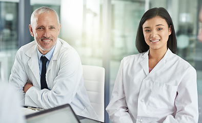 Image showing Doctor, partnership or team portrait with senior man, woman or leadership for healthcare, wellness or together in hospital. Medic staff, mentor and experience for teamwork, support or collaboration