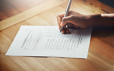 Image showing Hand, survey and pen writing on checklist for legal contract, loan application data or insurance agreement. Person, document and information for documentation, policy compliance or paperwork report